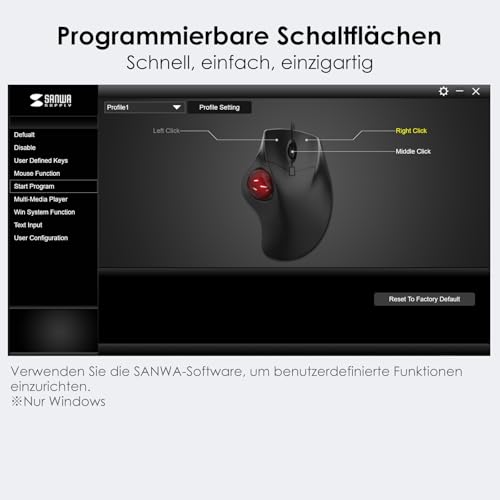 SANWA Trackball Maus mit Kabel, Leise Klik Programmierbar Taste, 600/800/1200/1600 DPI, Kabelgebundene ergonomische TrackBall, Kompatibel mit Winows, Mac, PC, Schwarz, GMATB39