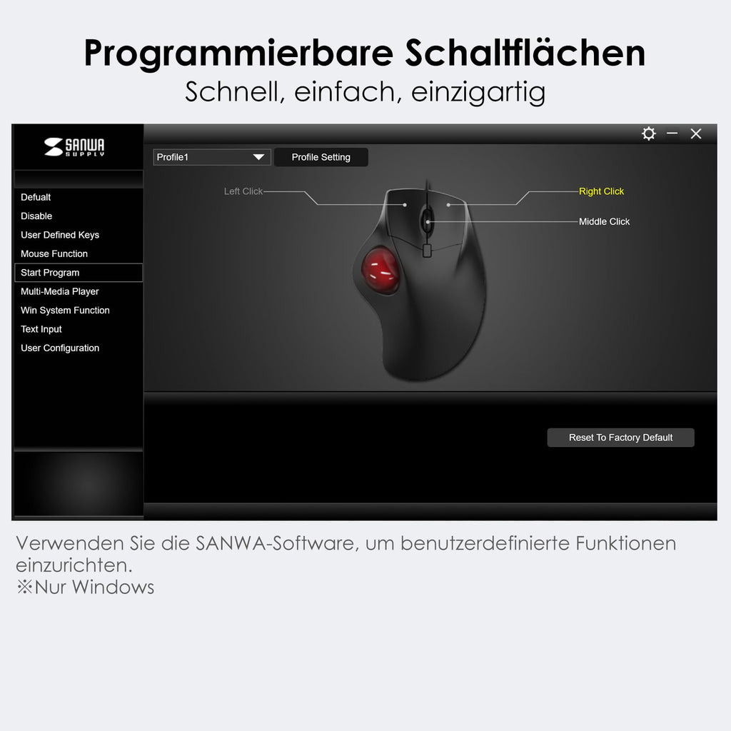 SANWA Trackball Maus mit Kabel, Leise Klik Programmierbar Taste, 600/800/1200/1600 DPI, Kabelgebundene ergonomische TrackBall, Kompatibel mit Winows, Mac, PC, Schwarz, GMATB39