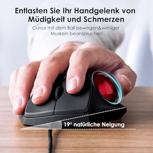 SANWA Trackball Maus mit Kabel, Leise Klik Programmierbar Taste, 600/800/1200/1600 DPI, Kabelgebundene ergonomische TrackBall, Kompatibel mit Winows, Mac, PC, Schwarz, GMATB39