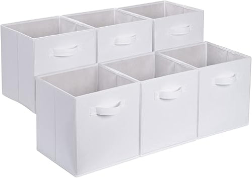 Amazon Basics zusammenklappbarer Aufbewahrungswürfel/Organizer aus Stoff mit Griffen, 33 cm x 33 cm x 33 cm, Einfarbig Weiß, 6 Stück
