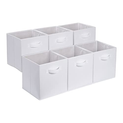 Amazon Basics zusammenklappbarer Aufbewahrungswürfel/Organizer aus Stoff mit Griffen, 33 cm x 33 cm x 33 cm, Einfarbig Weiß, 6 Stück