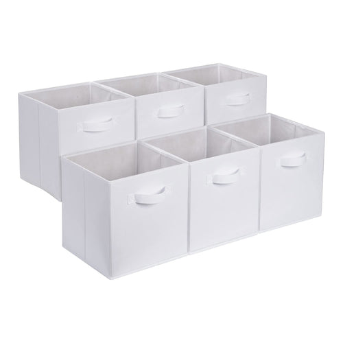 Amazon Basics zusammenklappbarer Aufbewahrungswürfel/Organizer aus Stoff mit Griffen, 33 cm x 33 cm x 33 cm, Einfarbig Weiß, 6 Stück