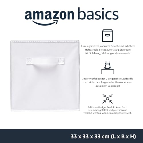 Amazon Basics zusammenklappbarer Aufbewahrungswürfel/Organizer aus Stoff mit Griffen, 33 cm x 33 cm x 33 cm, Einfarbig Weiß, 6 Stück