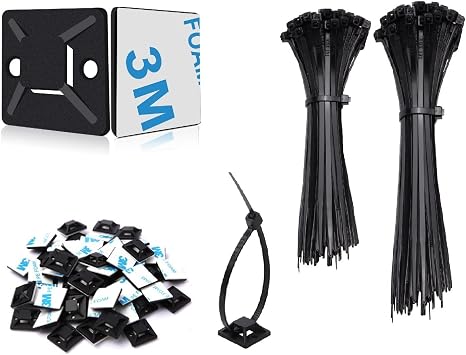 200 Stück Kabelbinder Schwarz Set 120mm/150mm und 100 Stück Starken Selbstklebend Basishalter, Nylon Kunststoff Kabel Binder, UV-beständiges, für Heim Büro Industriell