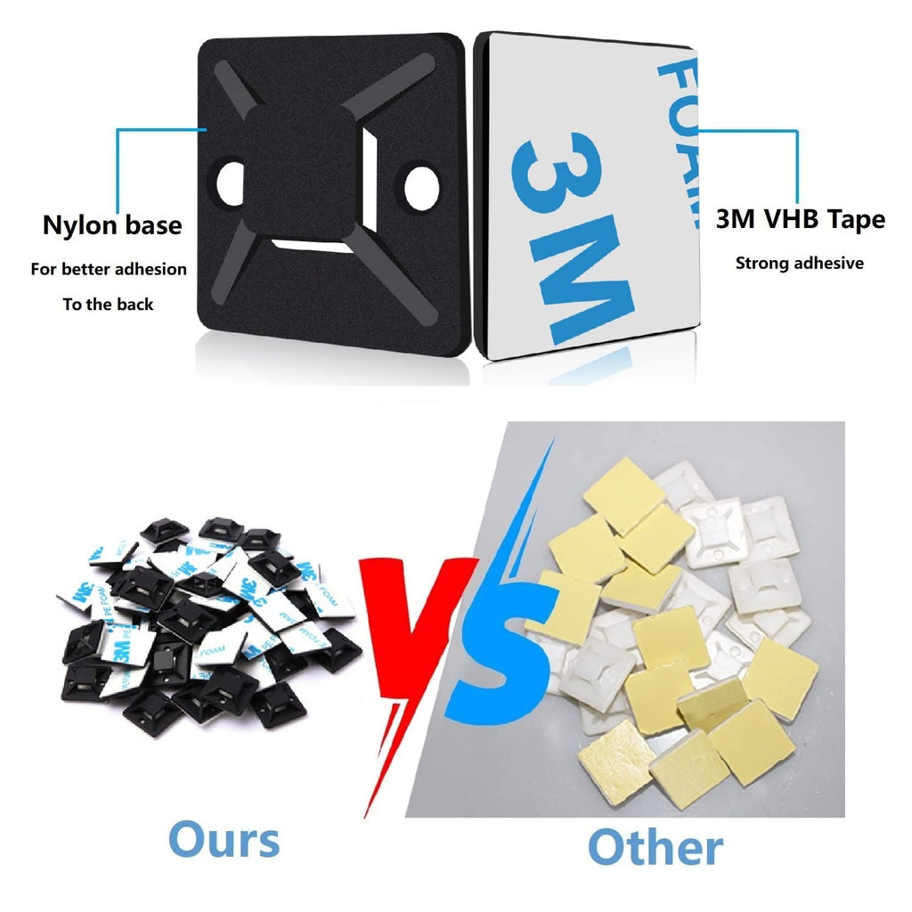 200 Stück Kabelbinder Schwarz Set 120mm/150mm und 100 Stück Starken Selbstklebend Basishalter, Nylon Kunststoff Kabel Binder, UV-beständiges, für Heim Büro Industriell