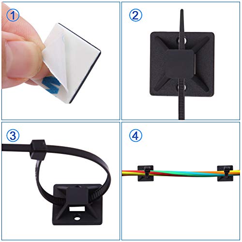 200 Stück Kabelbinder Schwarz Set 120mm/150mm und 100 Stück Starken Selbstklebend Basishalter, Nylon Kunststoff Kabel Binder, UV-beständiges, für Heim Büro Industriell