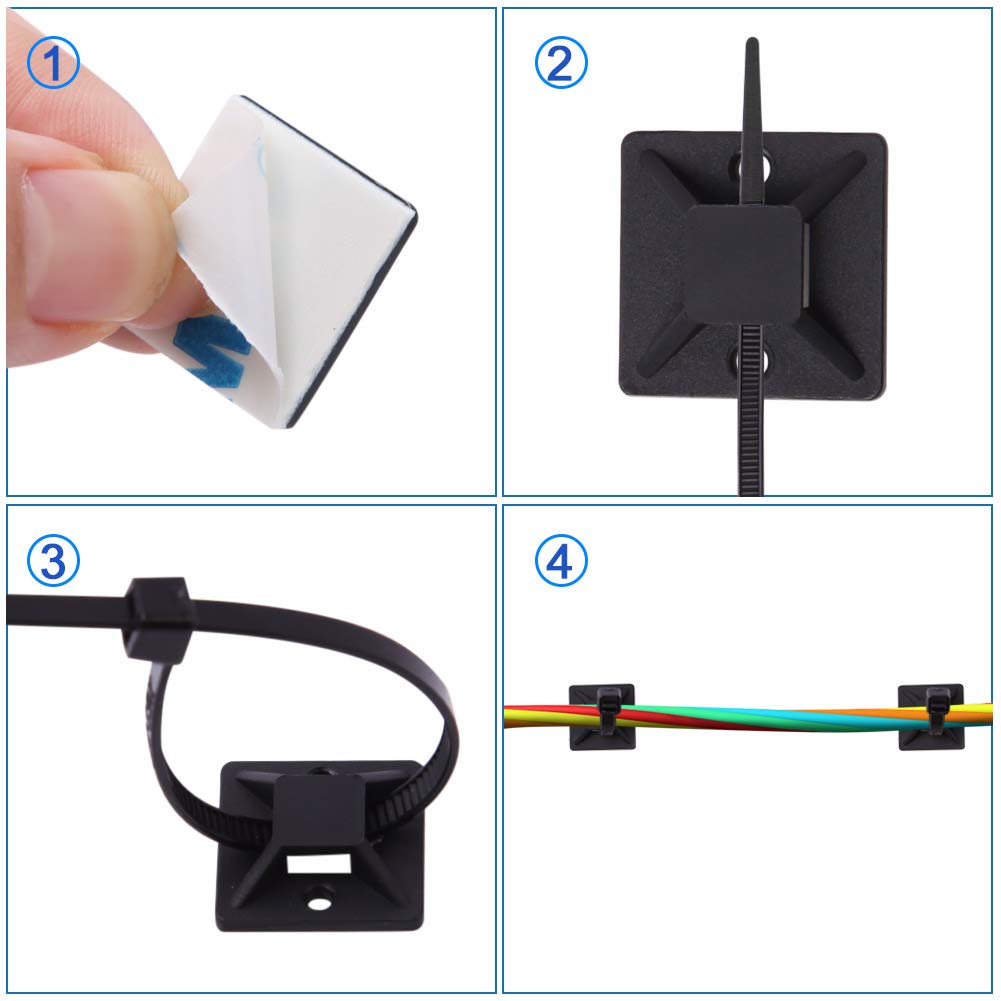 200 Stück Kabelbinder Schwarz Set 120mm/150mm und 100 Stück Starken Selbstklebend Basishalter, Nylon Kunststoff Kabel Binder, UV-beständiges, für Heim Büro Industriell