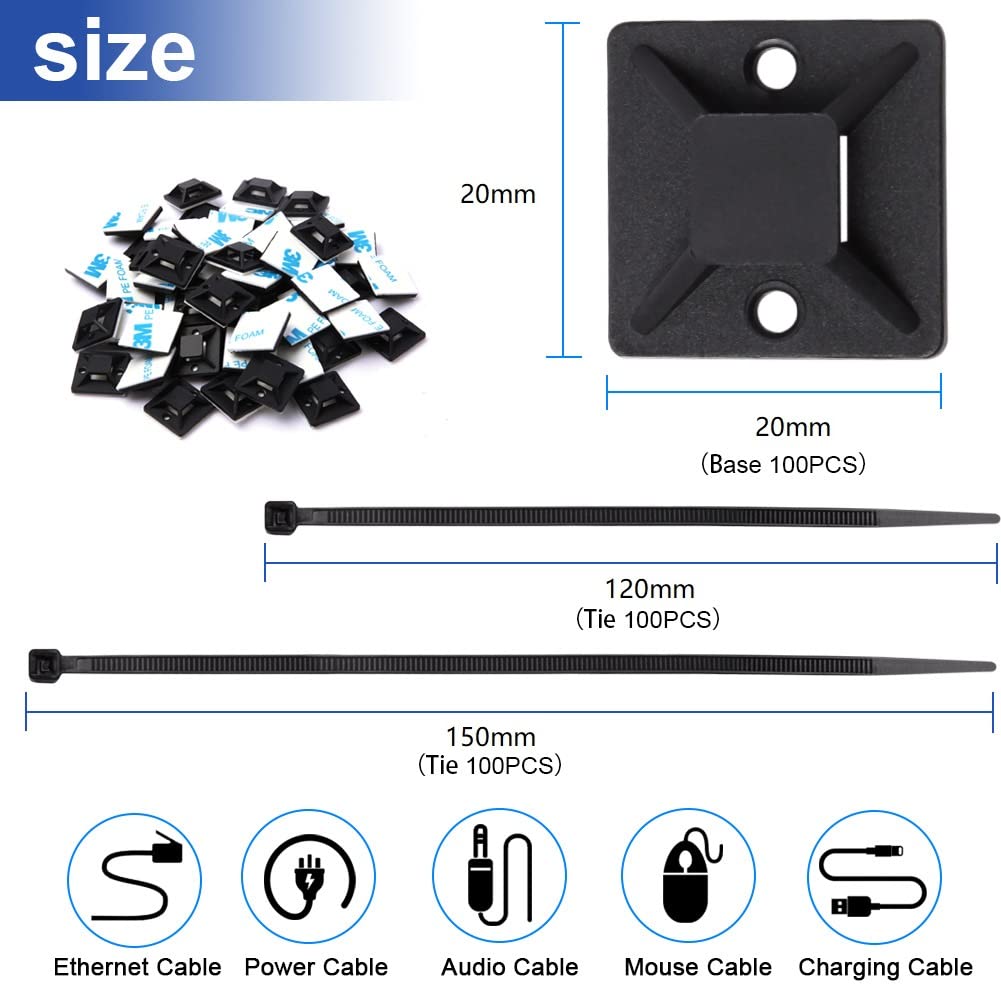 200 Stück Kabelbinder Schwarz Set 120mm/150mm und 100 Stück Starken Selbstklebend Basishalter, Nylon Kunststoff Kabel Binder, UV-beständiges, für Heim Büro Industriell