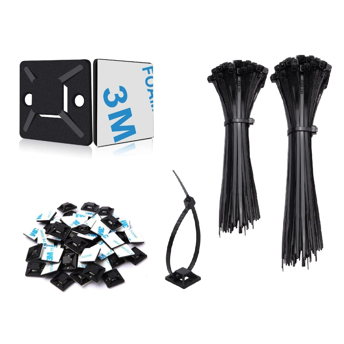 200 Stück Kabelbinder Schwarz Set 120mm/150mm und 100 Stück Starken Selbstklebend Basishalter, Nylon Kunststoff Kabel Binder, UV-beständiges, für Heim Büro Industriell
