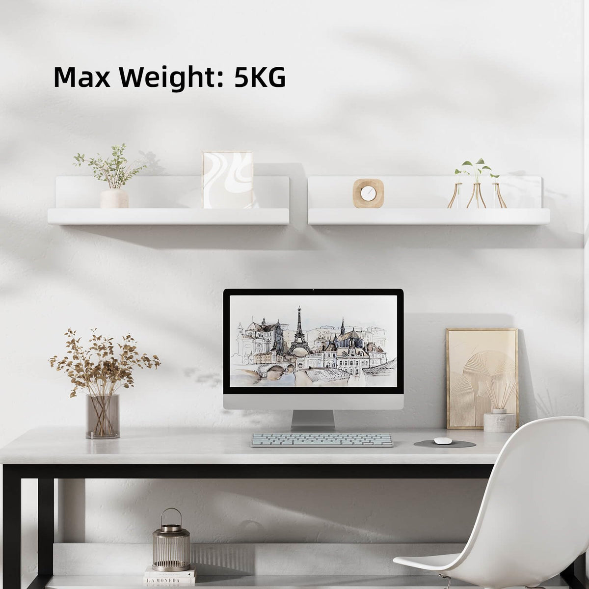 Wandregal Ohne Bohren Schweberegal - 2er Set Weiß Acryl Regal Wand für Bücher and Fotos, Home Decoration Wall Shelf für Küche, Bad, Büro, Wohnzimmer(32x10x8cm)