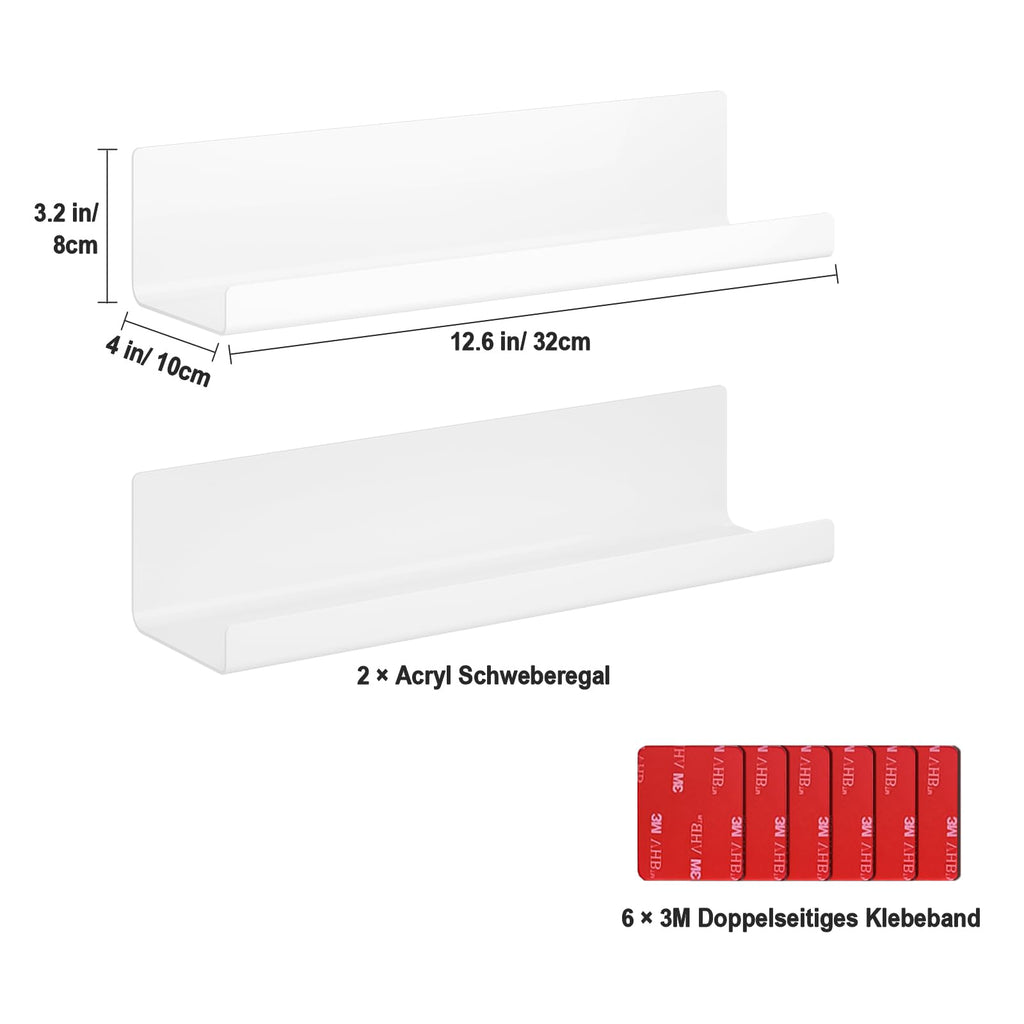 Wandregal Ohne Bohren Schweberegal - 2er Set Weiß Acryl Regal Wand für Bücher and Fotos, Home Decoration Wall Shelf für Küche, Bad, Büro, Wohnzimmer(32x10x8cm)