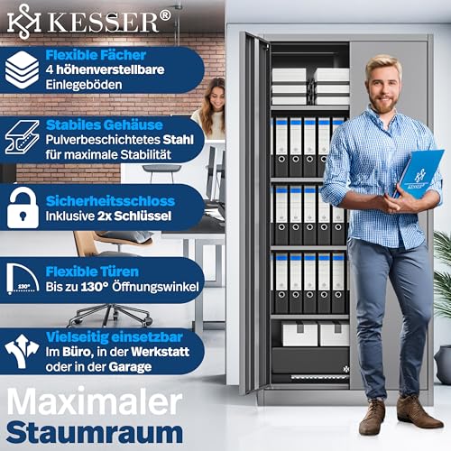 KESSER® Aktenschrank abschließbar mit Flügeltüren 180x80x40cm | Büroschrank aus Stahl mit 4 höhenverstellbaren Einlegeböden | Mehrzweckschrank 5 flexible Fächer, max. 40 kg pro Fach, inkl. 2 Schlüssel