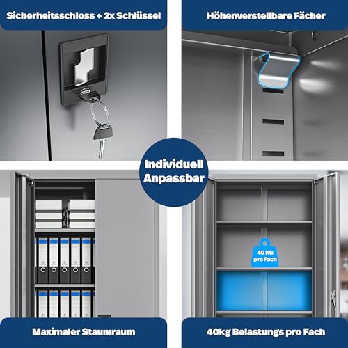 KESSER® Aktenschrank abschließbar mit Flügeltüren 180x80x40cm | Büroschrank aus Stahl mit 4 höhenverstellbaren Einlegeböden | Mehrzweckschrank 5 flexible Fächer, max. 40 kg pro Fach, inkl. 2 Schlüssel