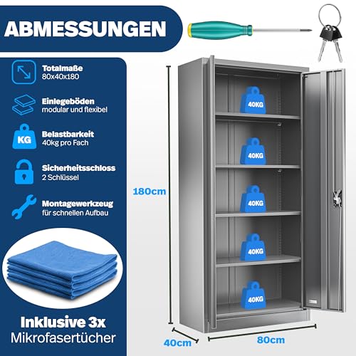 KESSER® Aktenschrank abschließbar mit Flügeltüren 180x80x40cm | Büroschrank aus Stahl mit 4 höhenverstellbaren Einlegeböden | Mehrzweckschrank 5 flexible Fächer, max. 40 kg pro Fach, inkl. 2 Schlüssel