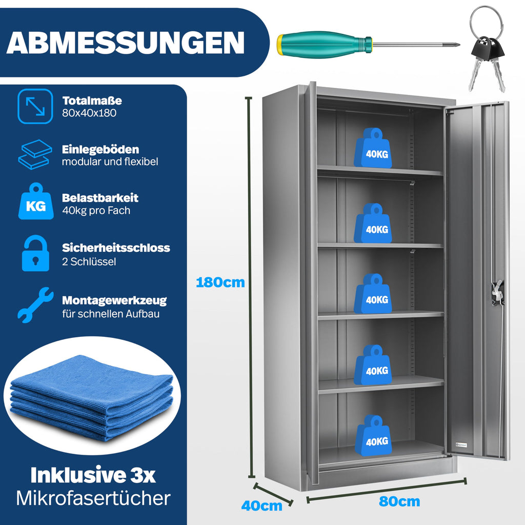 KESSER® Aktenschrank abschließbar mit Flügeltüren 180x80x40cm | Büroschrank aus Stahl mit 4 höhenverstellbaren Einlegeböden | Mehrzweckschrank 5 flexible Fächer, max. 40 kg pro Fach, inkl. 2 Schlüssel