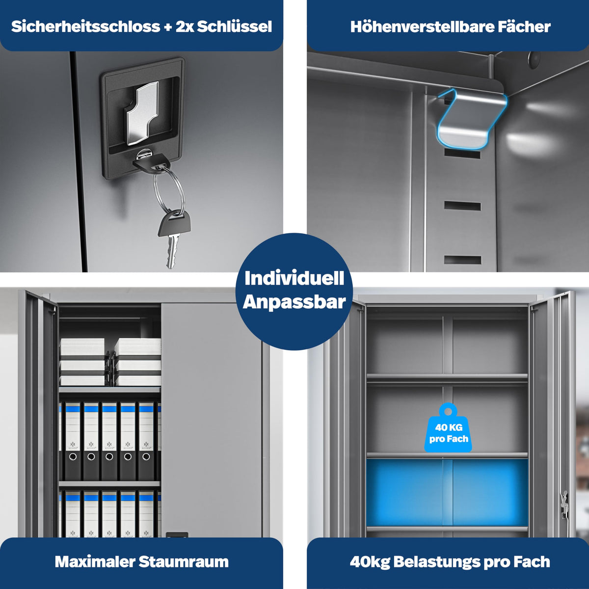 KESSER® Aktenschrank abschließbar mit Flügeltüren 180x80x40cm | Büroschrank aus Stahl mit 4 höhenverstellbaren Einlegeböden | Mehrzweckschrank 5 flexible Fächer, max. 40 kg pro Fach, inkl. 2 Schlüssel