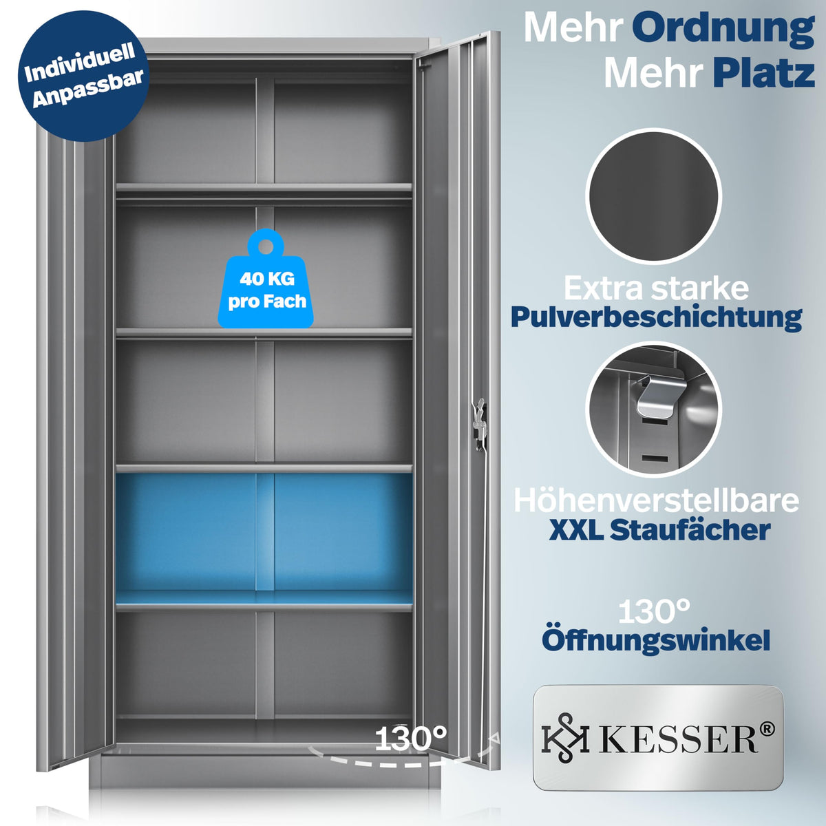 KESSER® Aktenschrank abschließbar mit Flügeltüren 180x80x40cm | Büroschrank aus Stahl mit 4 höhenverstellbaren Einlegeböden | Mehrzweckschrank 5 flexible Fächer, max. 40 kg pro Fach, inkl. 2 Schlüssel