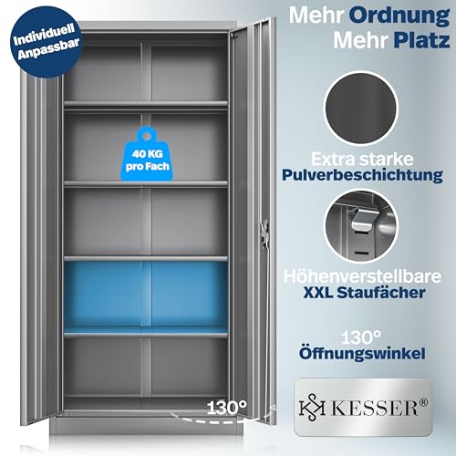 KESSER® Aktenschrank abschließbar mit Flügeltüren 180x80x40cm | Büroschrank aus Stahl mit 4 höhenverstellbaren Einlegeböden | Mehrzweckschrank 5 flexible Fächer, max. 40 kg pro Fach, inkl. 2 Schlüssel