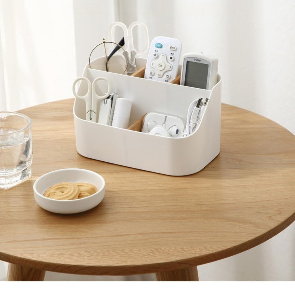 Rhys 5 Fächer Bambus Büro Organizer, Multifunktional Aufbewahrungsbox,Desk Organizer, für Smartphones, Kosmetika, Stifte, Kleine GegenstäNde Verwendet Werden, Weiß