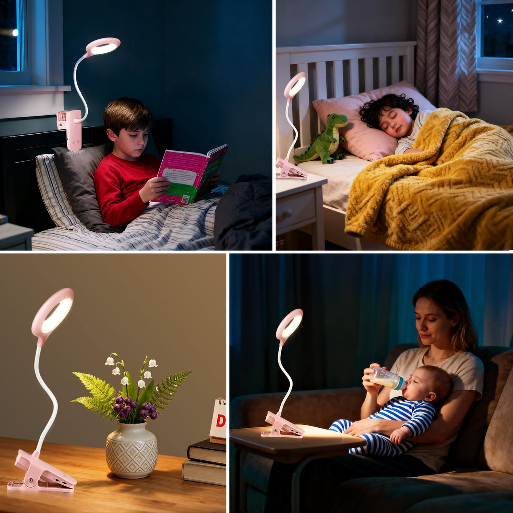 Akynite 3W Leselampe Rosa mit akku, USB Aufladbare, Typ-C Ladung, 5 Farbwechsel und 5 Helligkeit, 28 LED Klemmlampe ohne Kabel, Bettlampe Touch Klemmbar, für Stilllampe Nachttischlampe