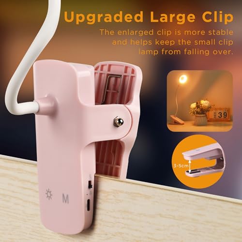 Akynite 3W Leselampe Rosa mit akku, USB Aufladbare, Typ-C Ladung, 5 Farbwechsel und 5 Helligkeit, 28 LED Klemmlampe ohne Kabel, Bettlampe Touch Klemmbar, für Stilllampe Nachttischlampe