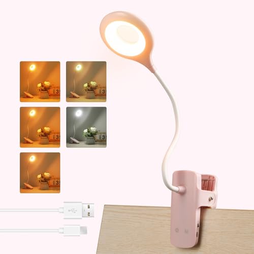 Akynite 3W Leselampe Rosa mit akku, USB Aufladbare, Typ-C Ladung, 5 Farbwechsel und 5 Helligkeit, 28 LED Klemmlampe ohne Kabel, Bettlampe Touch Klemmbar, für Stilllampe Nachttischlampe