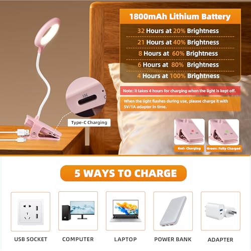 Akynite 3W Leselampe Rosa mit akku, USB Aufladbare, Typ-C Ladung, 5 Farbwechsel und 5 Helligkeit, 28 LED Klemmlampe ohne Kabel, Bettlampe Touch Klemmbar, für Stilllampe Nachttischlampe