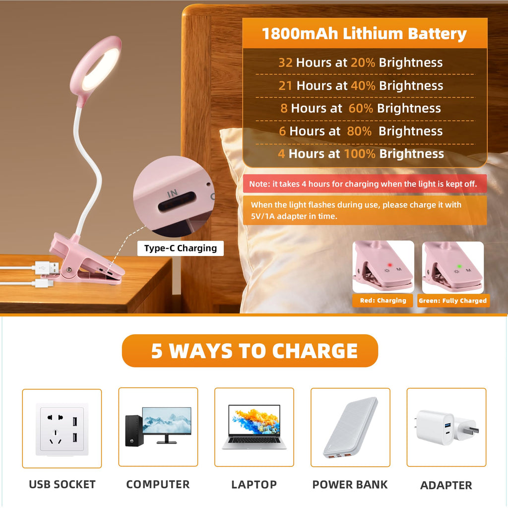 Akynite 3W Leselampe Rosa mit akku, USB Aufladbare, Typ-C Ladung, 5 Farbwechsel und 5 Helligkeit, 28 LED Klemmlampe ohne Kabel, Bettlampe Touch Klemmbar, für Stilllampe Nachttischlampe