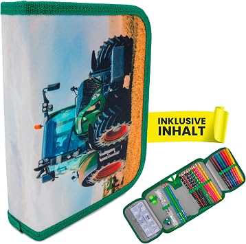 itenga Federmäppchen Jungen 28-teilig gefüllt – Schüler-Etui 1-Zipper mit Stiften, Lineal & Zubehör – Mäppchen Schule Grundschule (Motiv Traktor)