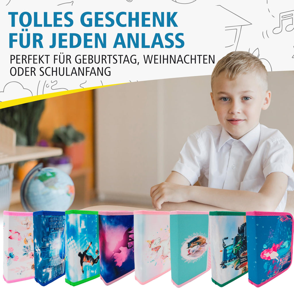 itenga Federmäppchen Jungen 28-teilig gefüllt – Schüler-Etui 1-Zipper mit Stiften, Lineal & Zubehör – Mäppchen Schule Grundschule (Motiv Traktor)