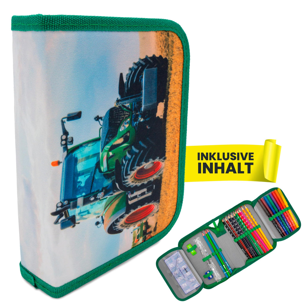 itenga Federmäppchen Jungen 28-teilig gefüllt – Schüler-Etui 1-Zipper mit Stiften, Lineal & Zubehör – Mäppchen Schule Grundschule (Motiv Traktor)