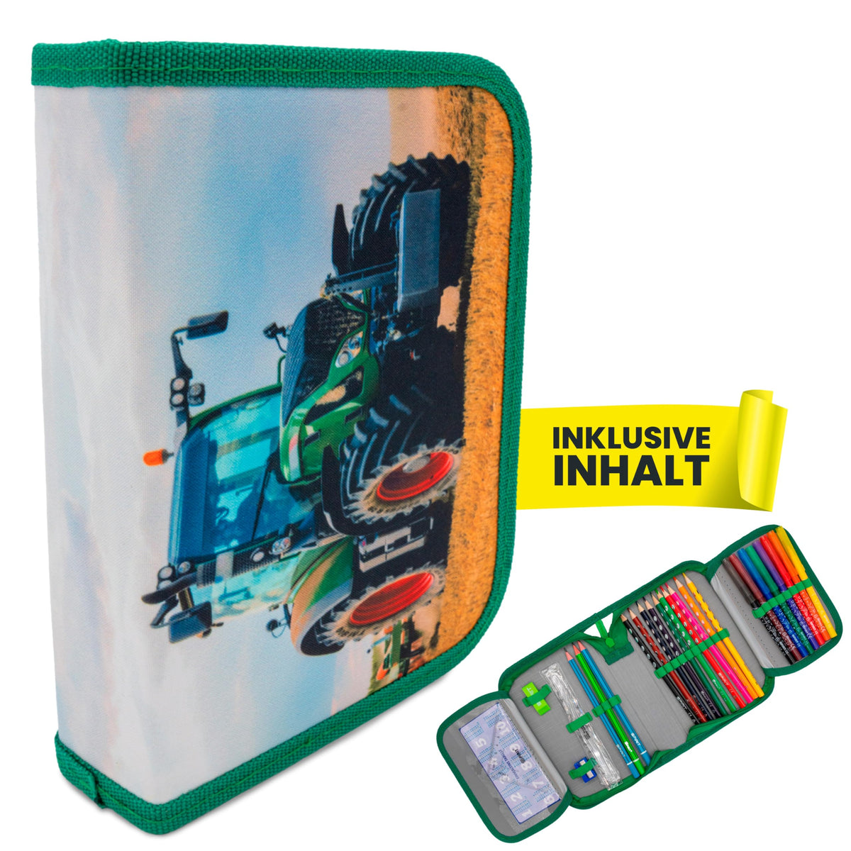 itenga Federmäppchen Jungen 28-teilig gefüllt – Schüler-Etui 1-Zipper mit Stiften, Lineal & Zubehör – Mäppchen Schule Grundschule (Motiv Traktor)