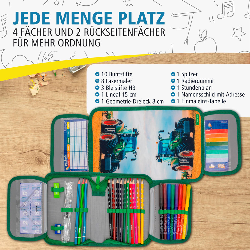 itenga Federmäppchen Jungen 28-teilig gefüllt – Schüler-Etui 1-Zipper mit Stiften, Lineal & Zubehör – Mäppchen Schule Grundschule (Motiv Traktor)
