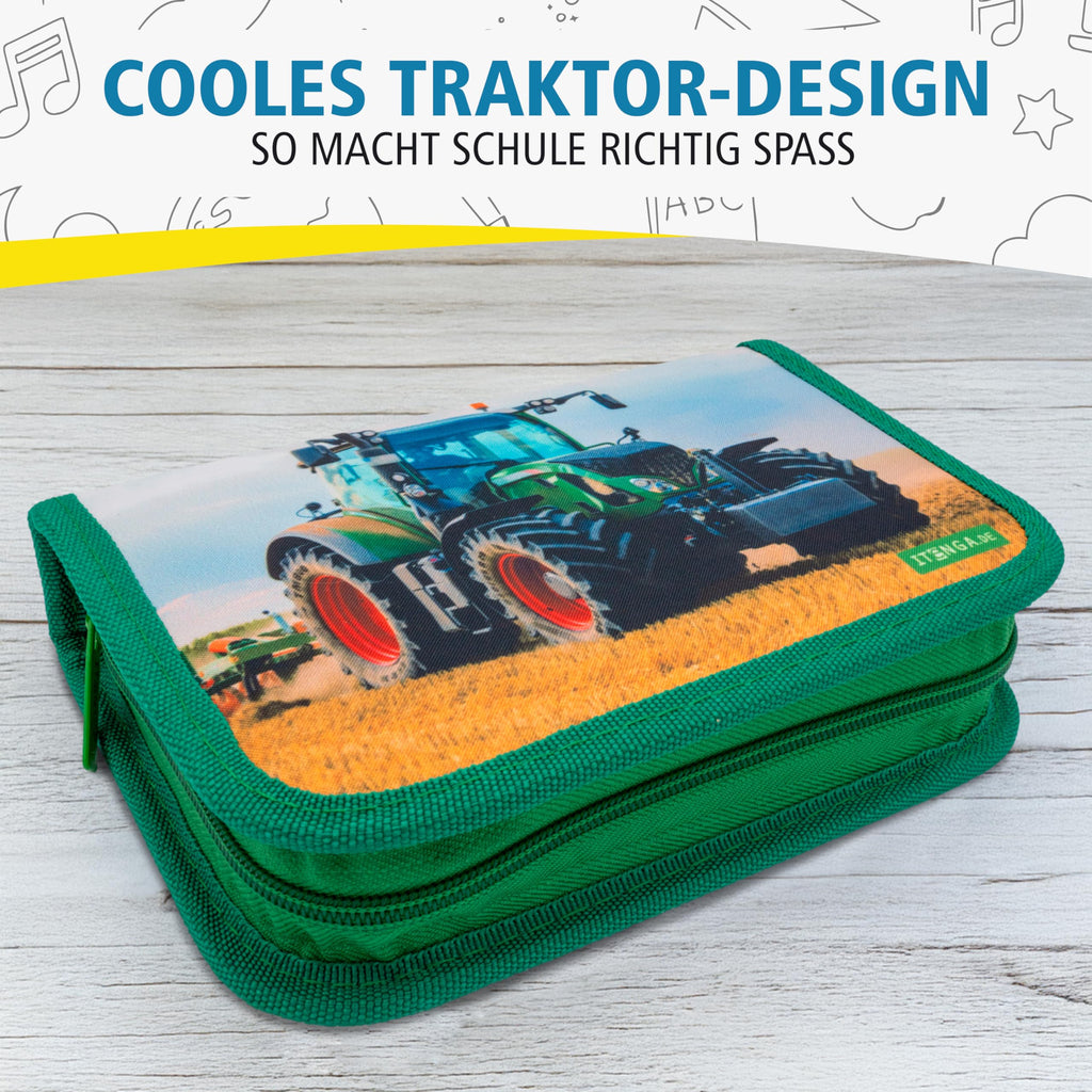 itenga Federmäppchen Jungen 28-teilig gefüllt – Schüler-Etui 1-Zipper mit Stiften, Lineal & Zubehör – Mäppchen Schule Grundschule (Motiv Traktor)