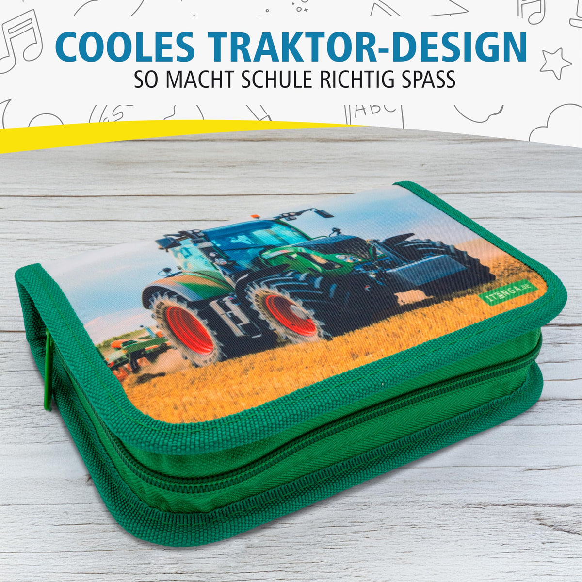 itenga Federmäppchen Jungen 28-teilig gefüllt – Schüler-Etui 1-Zipper mit Stiften, Lineal & Zubehör – Mäppchen Schule Grundschule (Motiv Traktor)