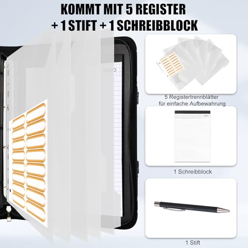 Leathario Schreibmappe A4 mit 5er Register DIN A4，Konferenzmappe mit 4 Ringbuch，Dokumentenmappe mit Reißverschluss，Griff，Klemmbrett,Ordner für Meeting, Business,Mappe für Schule, Uni