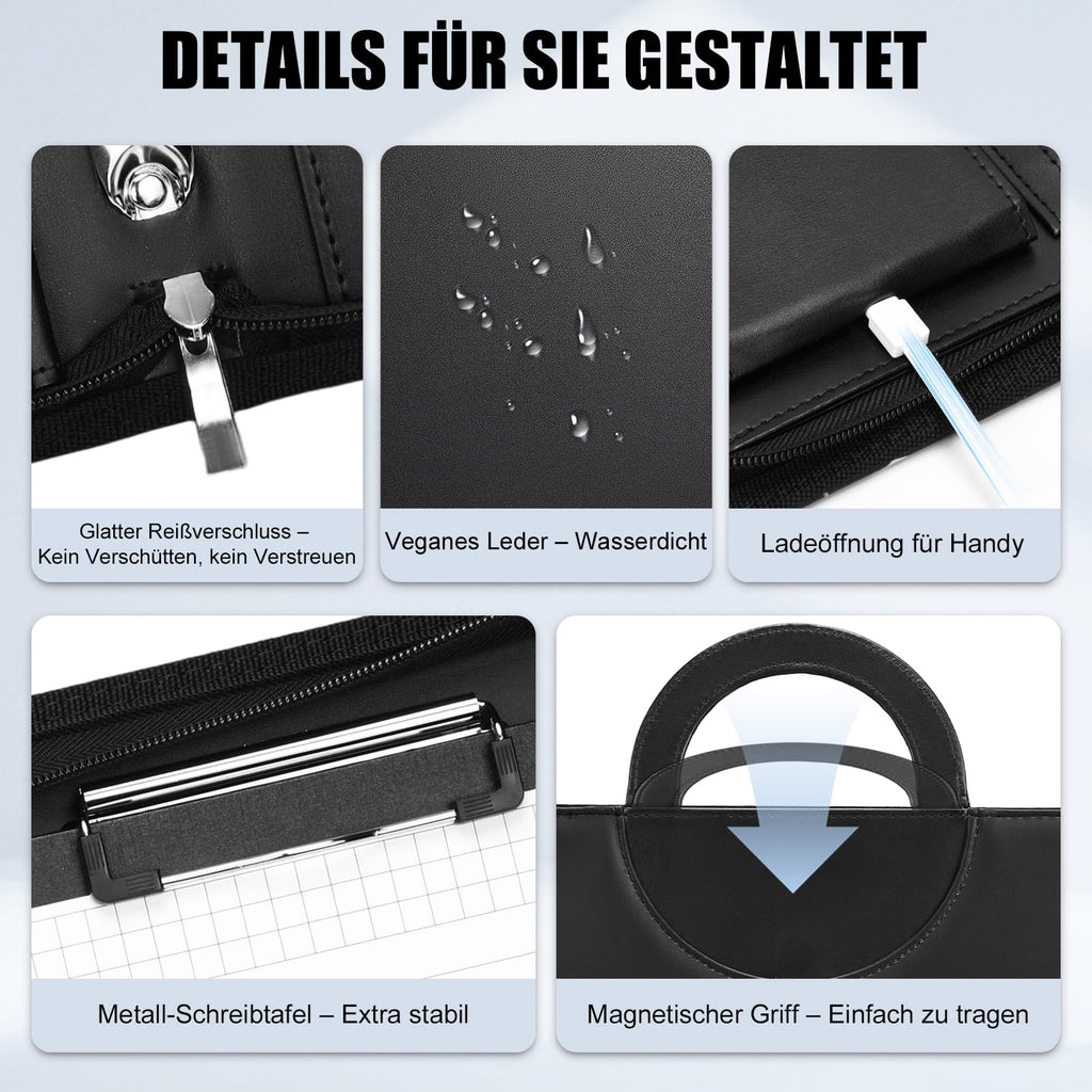 Leathario Schreibmappe A4 mit 5er Register DIN A4，Konferenzmappe mit 4 Ringbuch，Dokumentenmappe mit Reißverschluss，Griff，Klemmbrett,Ordner für Meeting, Business,Mappe für Schule, Uni