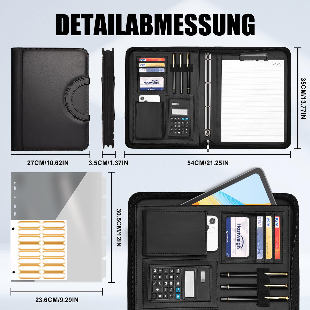 Leathario Schreibmappe A4 mit 5er Register DIN A4，Konferenzmappe mit 4 Ringbuch，Dokumentenmappe mit Reißverschluss，Griff，Klemmbrett,Ordner für Meeting, Business,Mappe für Schule, Uni
