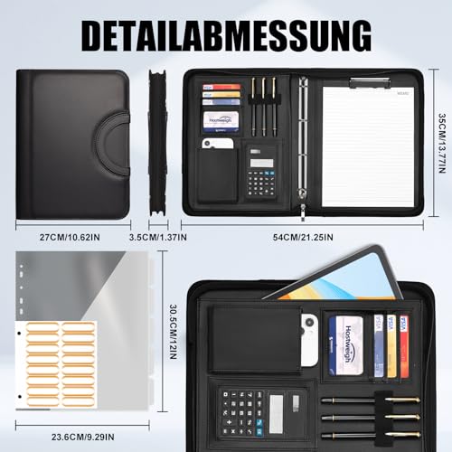 Leathario Schreibmappe A4 mit 5er Register DIN A4，Konferenzmappe mit 4 Ringbuch，Dokumentenmappe mit Reißverschluss，Griff，Klemmbrett,Ordner für Meeting, Business,Mappe für Schule, Uni