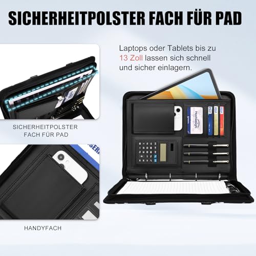 Leathario Schreibmappe A4 mit 5er Register DIN A4，Konferenzmappe mit 4 Ringbuch，Dokumentenmappe mit Reißverschluss，Griff，Klemmbrett,Ordner für Meeting, Business,Mappe für Schule, Uni