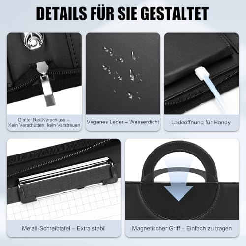 Leathario Schreibmappe A4 mit 5er Register DIN A4，Konferenzmappe mit 4 Ringbuch，Dokumentenmappe mit Reißverschluss，Griff，Klemmbrett,Ordner für Meeting, Business,Mappe für Schule, Uni
