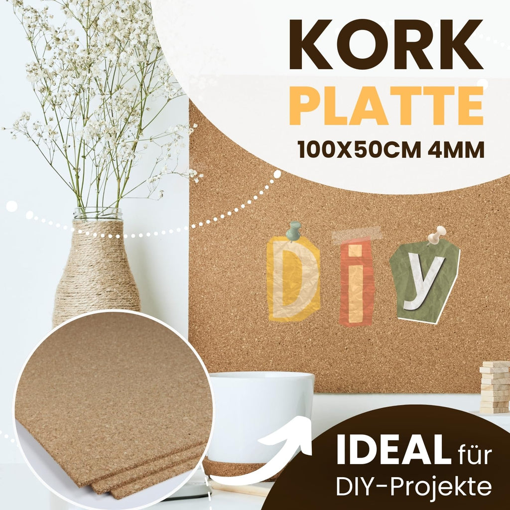EKB Korkplatte 100x50cm 4mm stark I Natürliche Presskorkplatte für Pinnwand, Wanddekoration oder Schallschutz Akustikplatte I Umweltfreundliches DIY-Projektmaterial zum Basteln & Modellbau