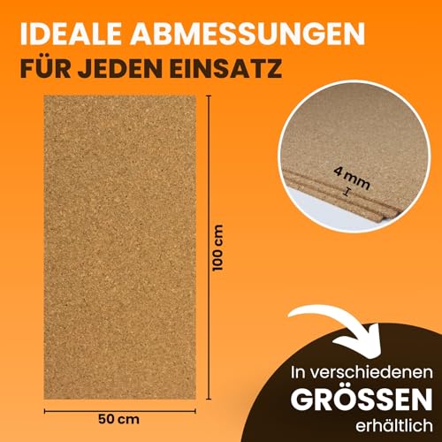 EKB Korkplatte 100x50cm 4mm stark I Natürliche Presskorkplatte für Pinnwand, Wanddekoration oder Schallschutz Akustikplatte I Umweltfreundliches DIY-Projektmaterial zum Basteln & Modellbau