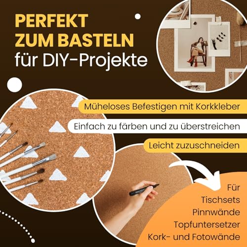 EKB Korkplatte 100x50cm 4mm stark I Natürliche Presskorkplatte für Pinnwand, Wanddekoration oder Schallschutz Akustikplatte I Umweltfreundliches DIY-Projektmaterial zum Basteln & Modellbau