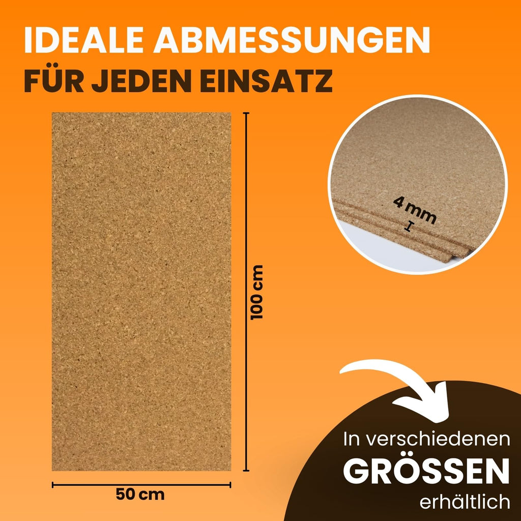 EKB Korkplatte 100x50cm 4mm stark I Natürliche Presskorkplatte für Pinnwand, Wanddekoration oder Schallschutz Akustikplatte I Umweltfreundliches DIY-Projektmaterial zum Basteln & Modellbau