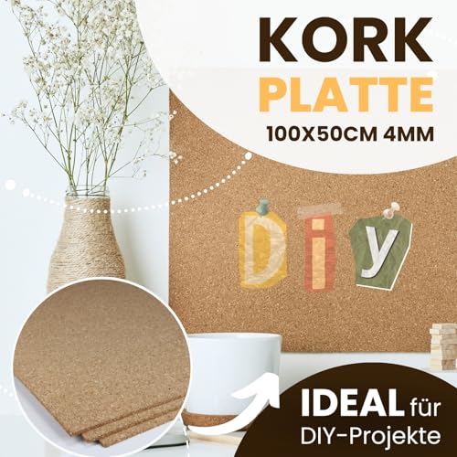 EKB Korkplatte 100x50cm 4mm stark I Natürliche Presskorkplatte für Pinnwand, Wanddekoration oder Schallschutz Akustikplatte I Umweltfreundliches DIY-Projektmaterial zum Basteln & Modellbau