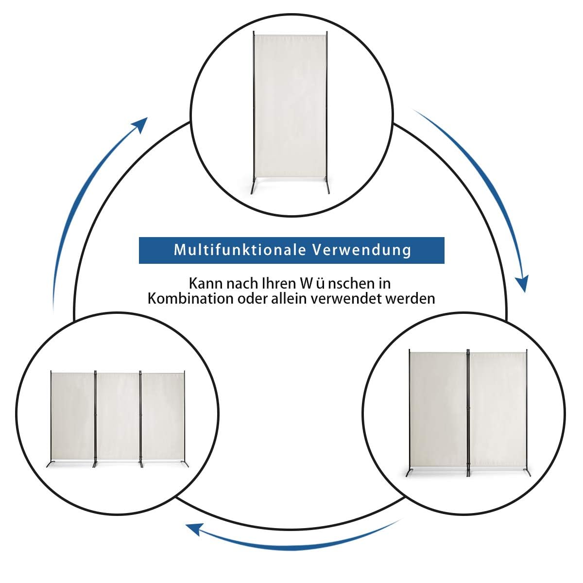 FANTASK 260 x 183cm Raumteiler, Paravent 3 teilig klappbar, Trennwand Wandschirm aus Metall & Polyester, Sichtschutz Room Divider Innen für Zuhause Büro Terrasse, Extra breit