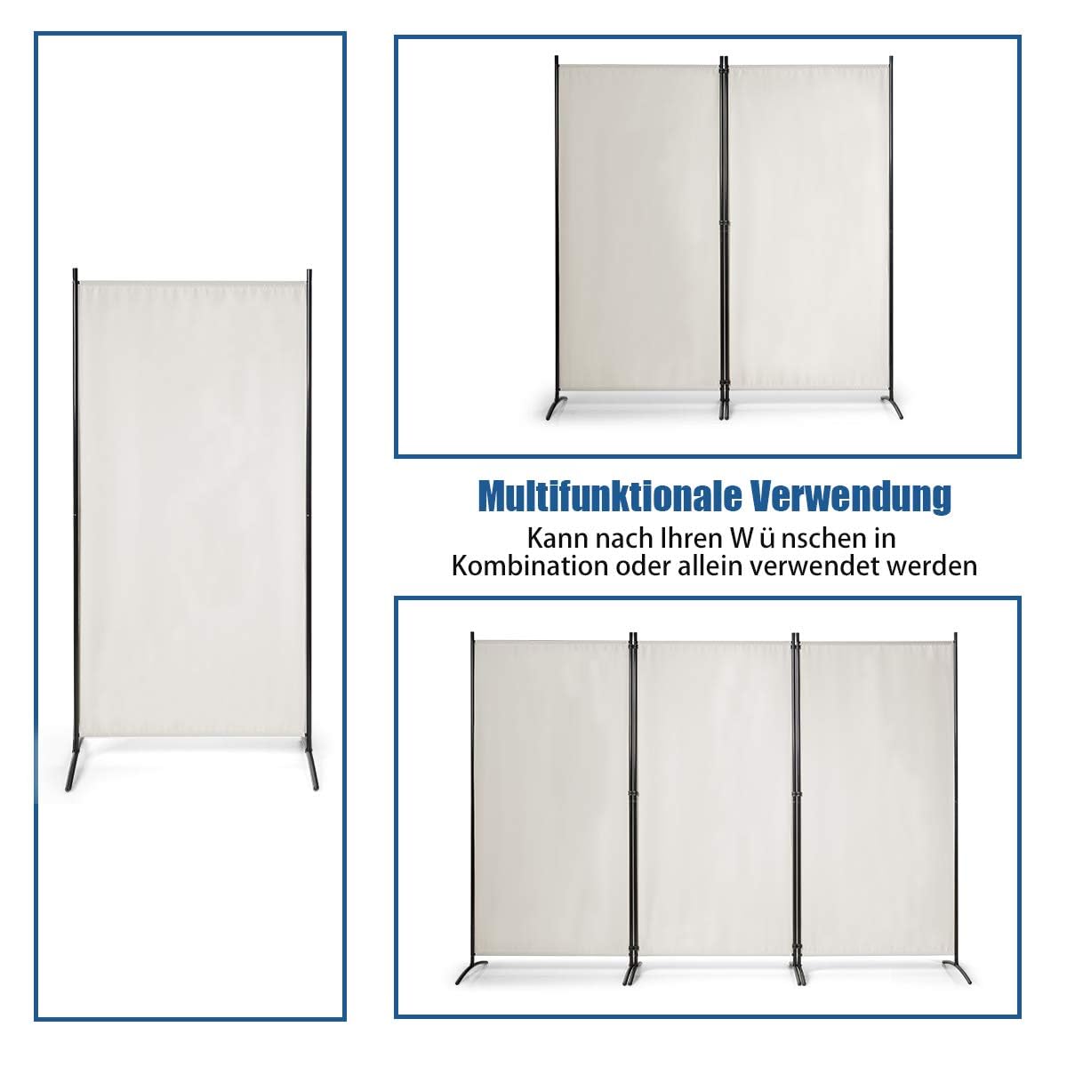 FANTASK 260 x 183cm Raumteiler, Paravent 3 teilig klappbar, Trennwand Wandschirm aus Metall & Polyester, Sichtschutz Room Divider Innen für Zuhause Büro Terrasse, Extra breit