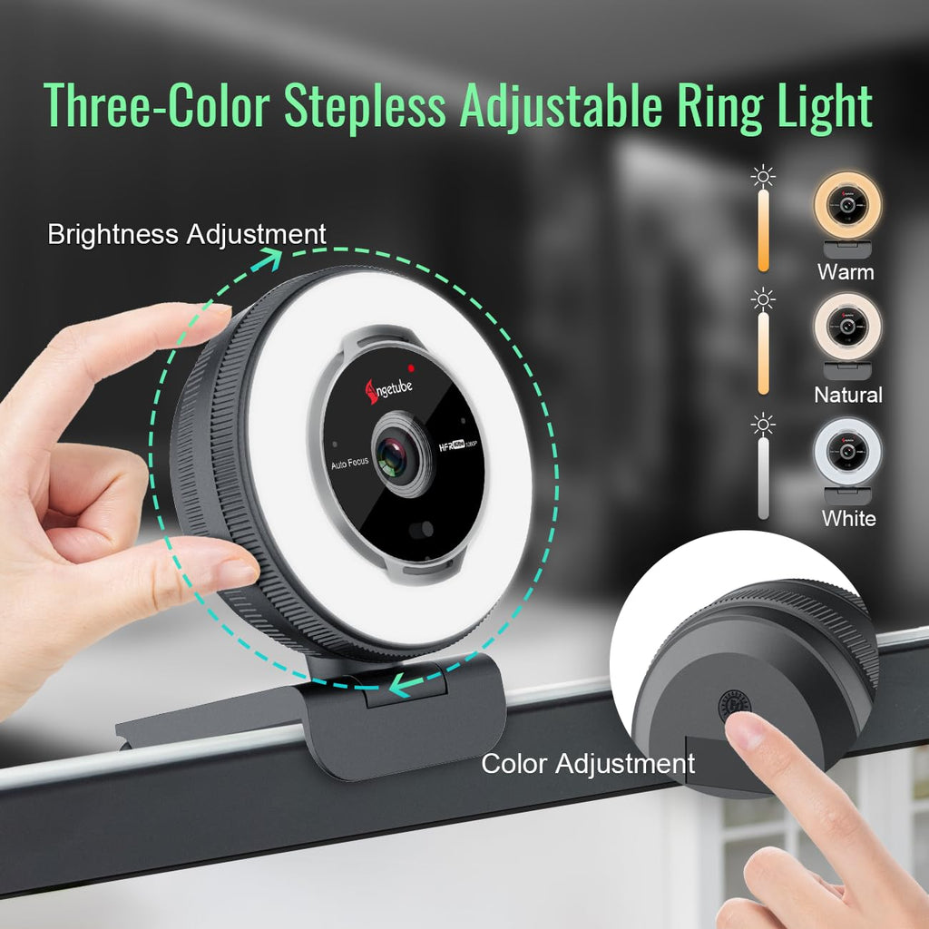Angetube 60FPS 1080P Webcam mit Ringlicht - PC Kamera mit 5X Digitalzoom