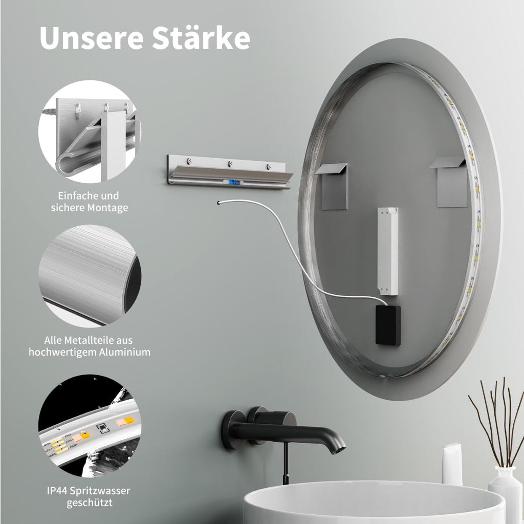 HOKO LED-Badspiegel rund 60 cm, mit Touch-Schalter & Farbwechsel, IP44